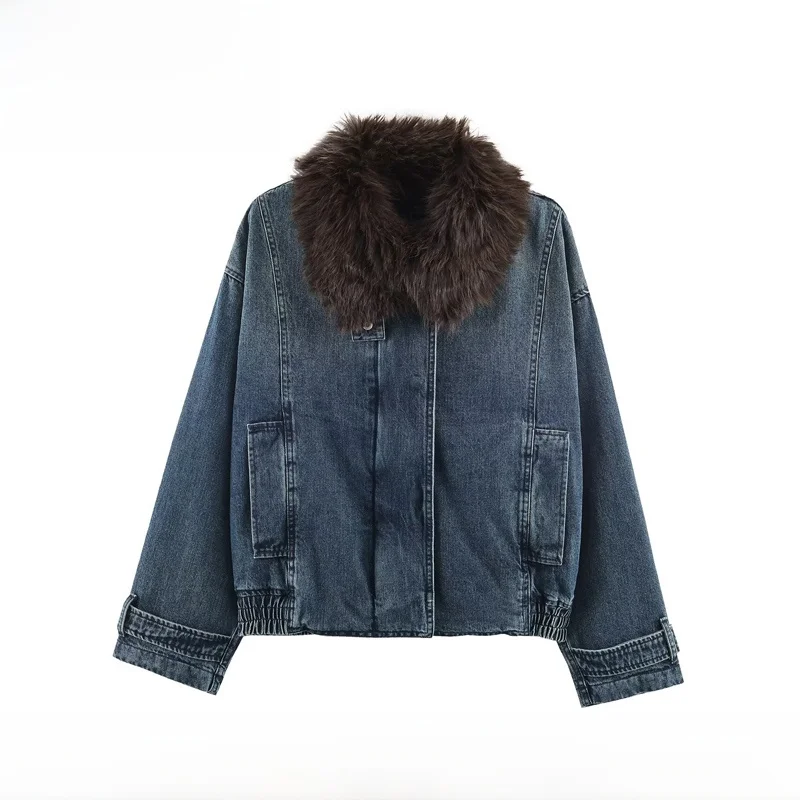 

EVEA New Women's Faion Denim Pilot Jaet Versatile Outerwear Polyester Fiber Long Sve Thiened Winter Coat for Middle-...