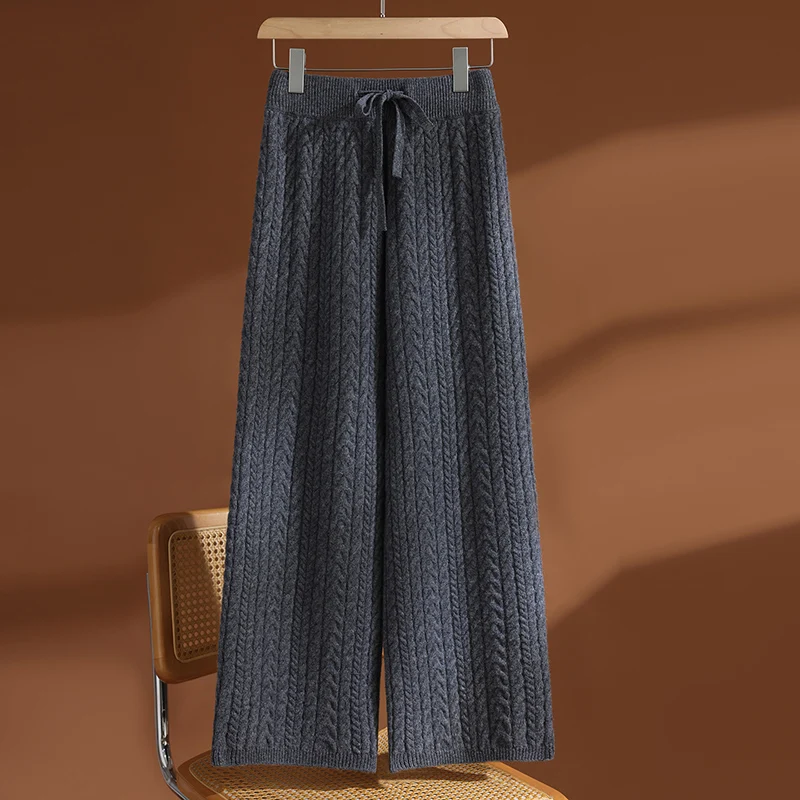 MEELEX New Classy Women 100% Merino Wool Trousers Casual Autumn Winter Warm Cable Knitted Pants Woman Wide Leg Trousers