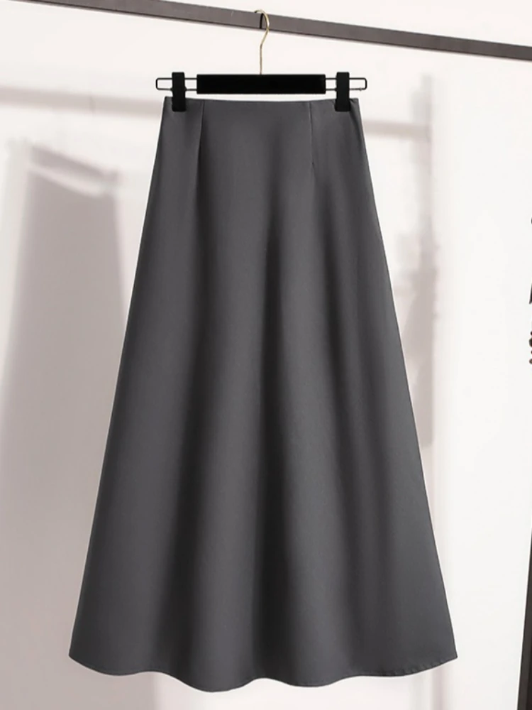 Korean Style Solid Color High Waist Elastic Waist Women A Line Skirts Daily Wear 2026 Spring Autumn New Elegant Versatile Skir