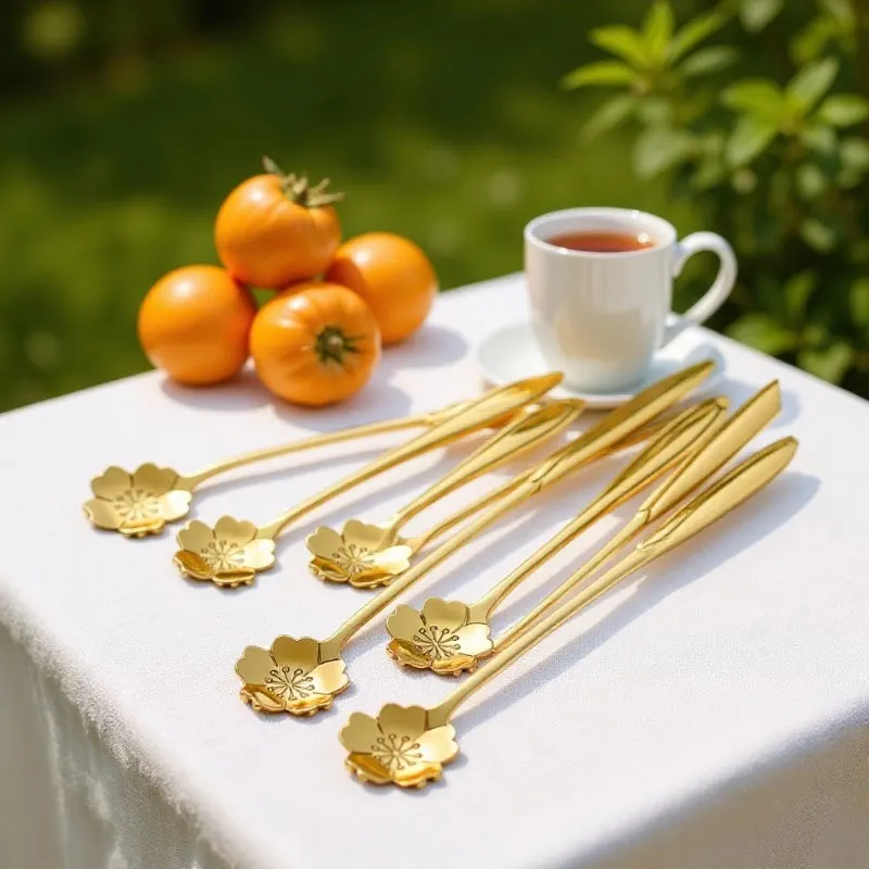 5pcs Household Kitchen Accessories Stainless Steel Teaspoons Dessert Ice Cream Scoops Coffee Floral Spoon Long Handle Teaspoon