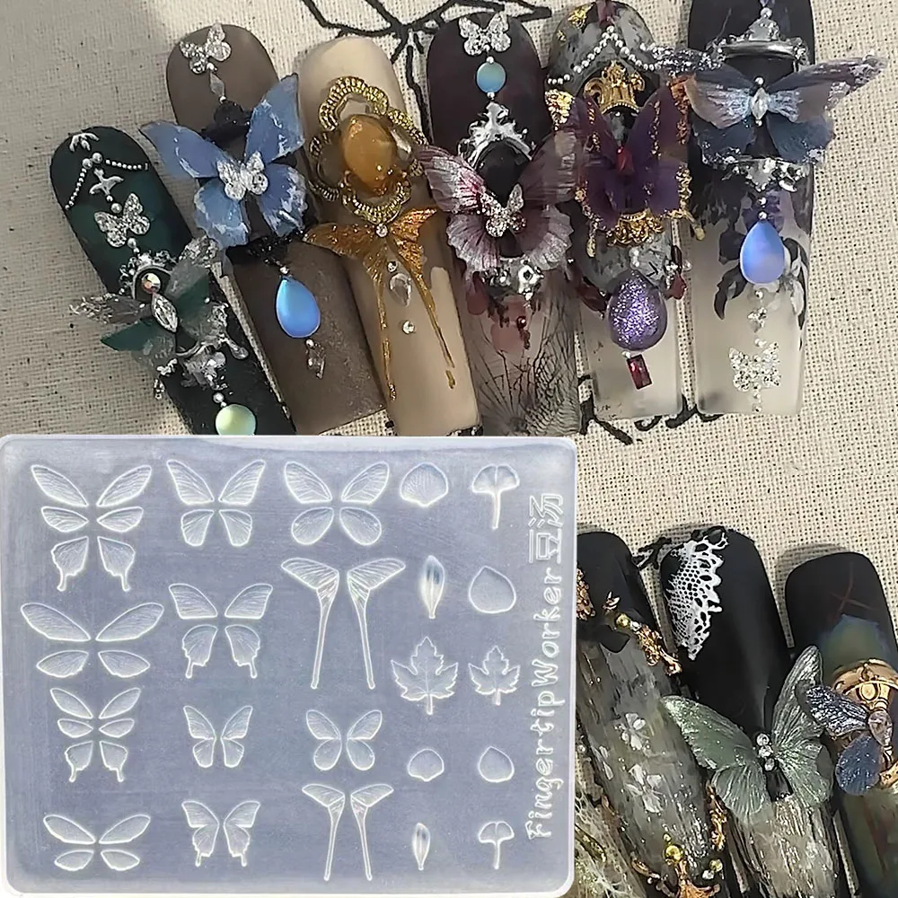 3D mariposa hoja de arce Ginkgo pastel crema plantilla para tallado de uñas Morpho mariposa molde de uñas de silicona DIY herramientas de manicura de mariposa