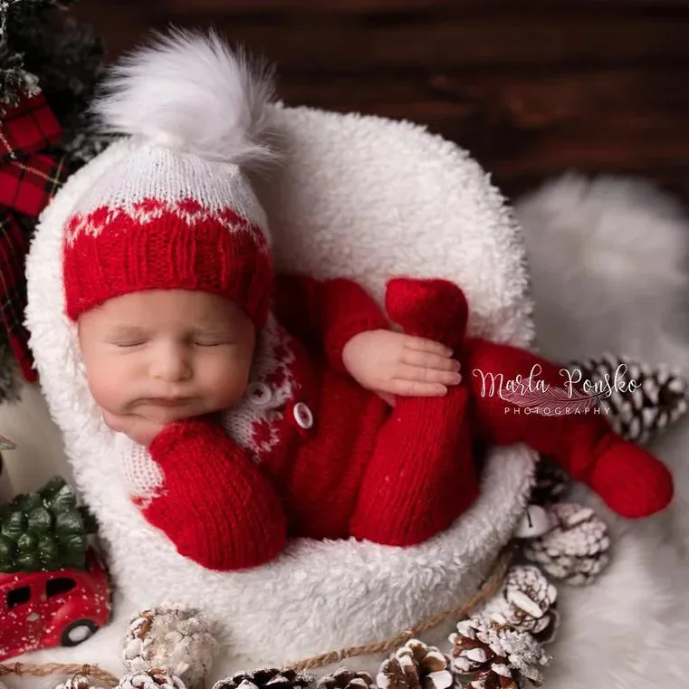 Christmas Baby Clothing Newborn Boy Girl Photography Santa Claus Costumes Sets Green Knitted Romper