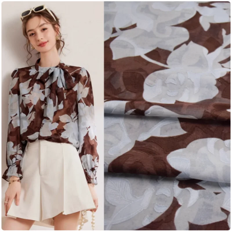 

New Design Spring Summer Chiffon Fabric, Brown Bottom Light Blue Flower Print, Dress Upper Shirt Cloth, Transparent, T2267