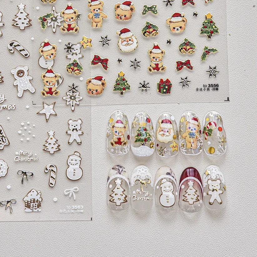 Christmas Gold Border Teddy Bear Christmas Tree Santa Claus 5D Nail Art Stickers Self Adhesive Decals Nail Art Decoration DIY