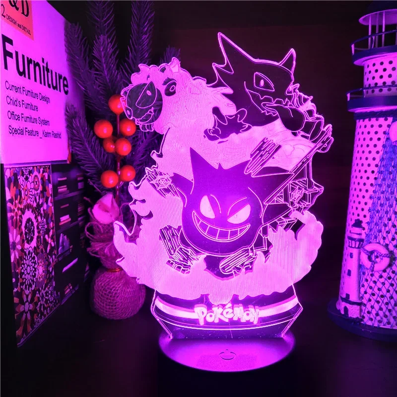 Pokemon Gengar Haunter Gastly 3D Lamp Anime LED Night Light USB Color Changing Luminaria Illusion Sleeping Table Lamps Kids Gift