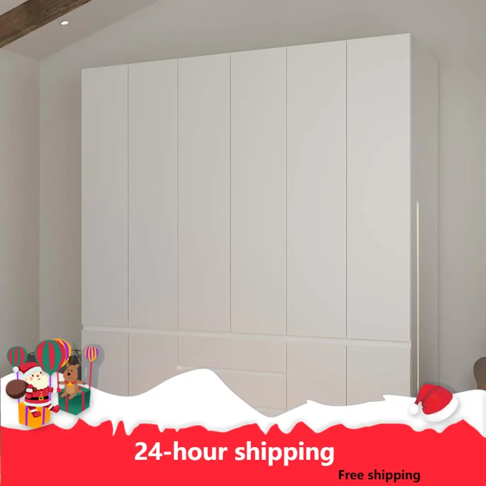 78” 6-Door Large Armoire Wardrobe Closet, Bedroom Armoire with 3 Drawers & 2 Hanging Rod, Wooden Armoires and Wardrobe