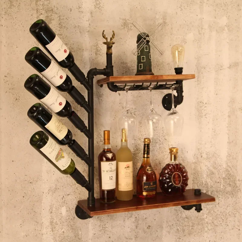 Industrial Pipe Wine Rack, Vintage Wall Shelf with Edison Bulb Option, Sturdy Wall-Mounted Storage, Durable Iron Art Display