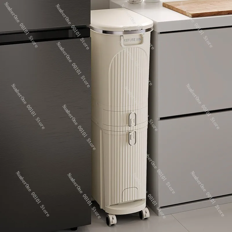 Home Kitchen Large Capacity Trash Bin Pedal Press Garbage Can with Wheels Dry Wet Separation Household Waste Container Food