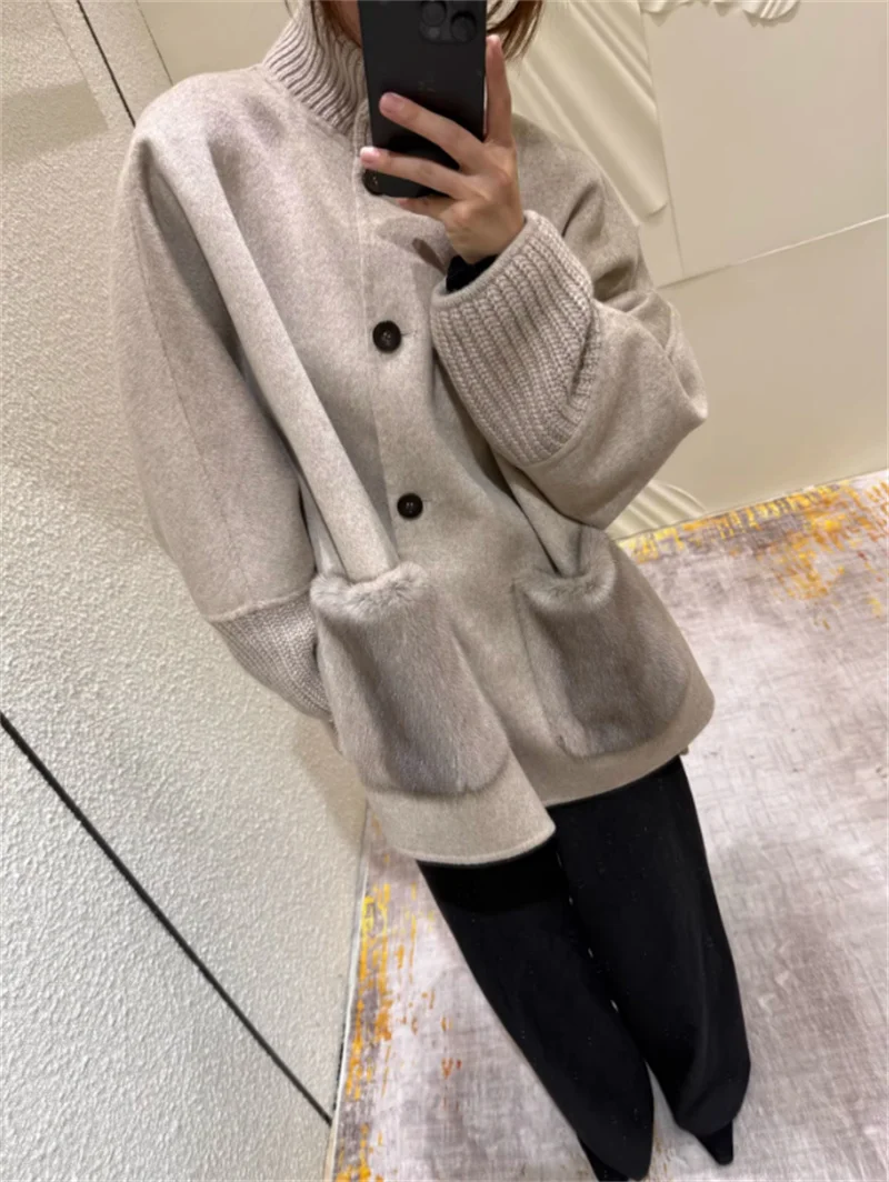 

Women's Jacket New Beige Stand Collar Knit Patchwork Fleece Pocket Mid-Length Women's Knit Jacket for Autumn and Winter