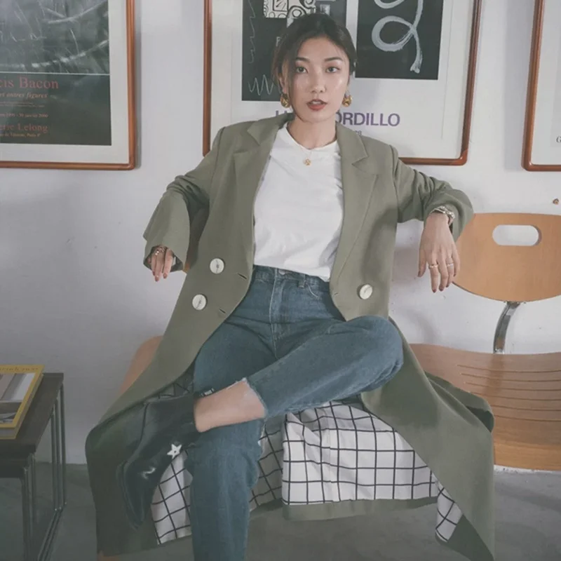 

Длинное пальто Savis Original Design цвета хаки с поясом на талии и воротником-стойкой, женская весенняя модная верхняя одежда