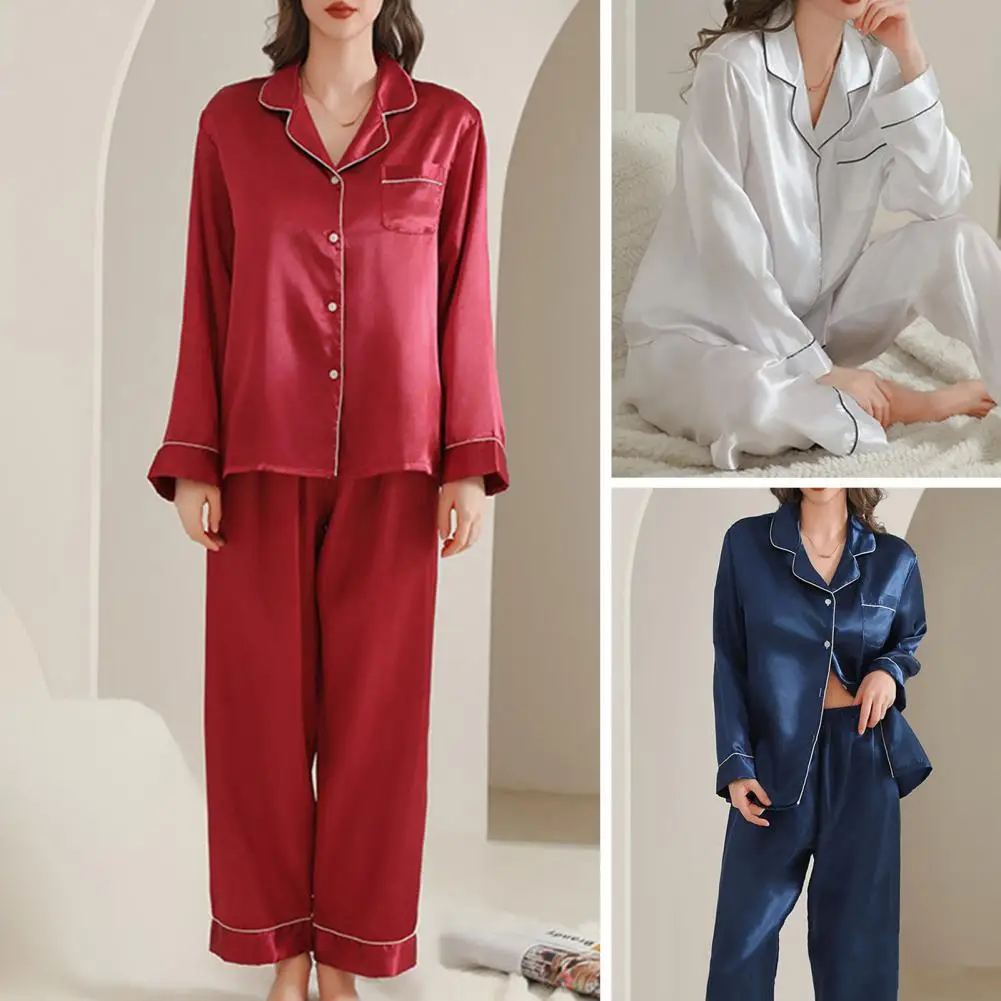 

Пижамный костюм из 2 предметов, однобортная рубашка с V-образным вырезом и вырезом на воротнике, свободные брюки с широкими штанинами, повседневный Ночной костюм из искусственного шелка, одежда для сна