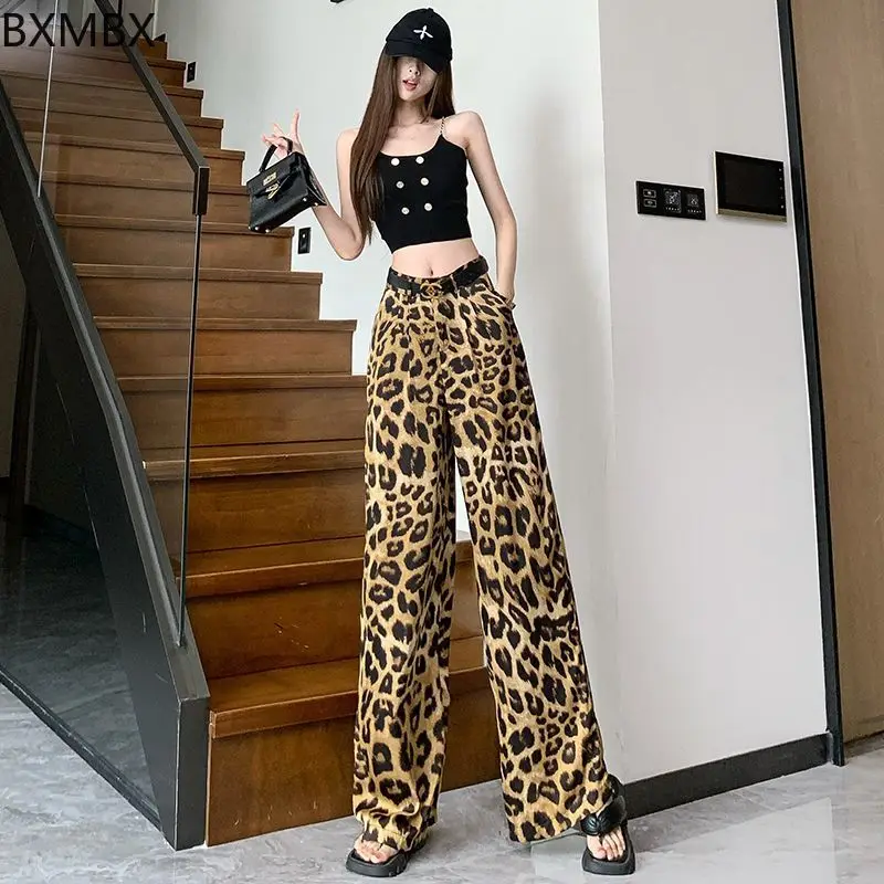 Leopard print wide-leg pants women's summer thin acetic acid satin casual pants loose straight hanging cool and cold silk pants