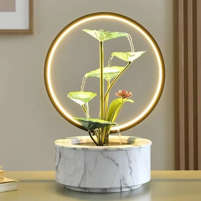 2026 Modern LED Water Fountain Ornament Indoor Lotus Decor Marble Base Home Office Feng Shui Creative Mini Waterfall With Light