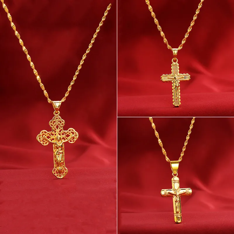 

Womens 18K gold necklace AU750 cross pendant trendy accessories length 45cm