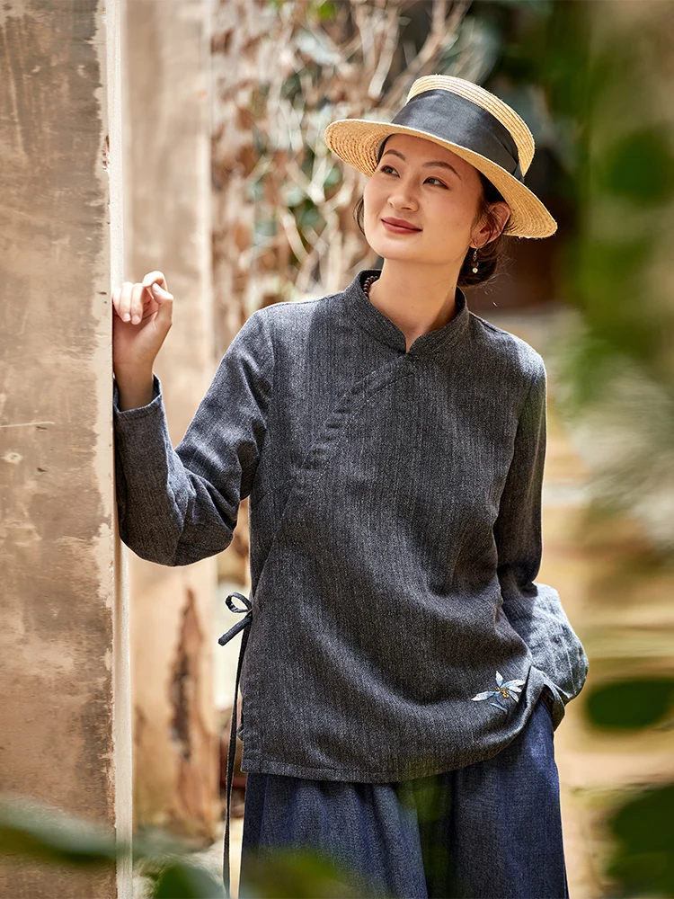 

Ограниченная серия, женская облегающая смесь хлопка и льна с ручной вышивкой Orchid irt, оригинальный дизайн, простой осенний новый Arr...