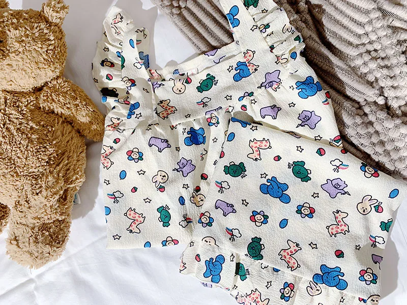 Allover-Cartoon-Druck-Lounge-Set für Damen, Sommer, niedliches Rüschenärmel-Oberteil mit quadratischem Ausschnitt und Shorts, Kawaii-Damen-Loungewear für den Sommer – Detail 6