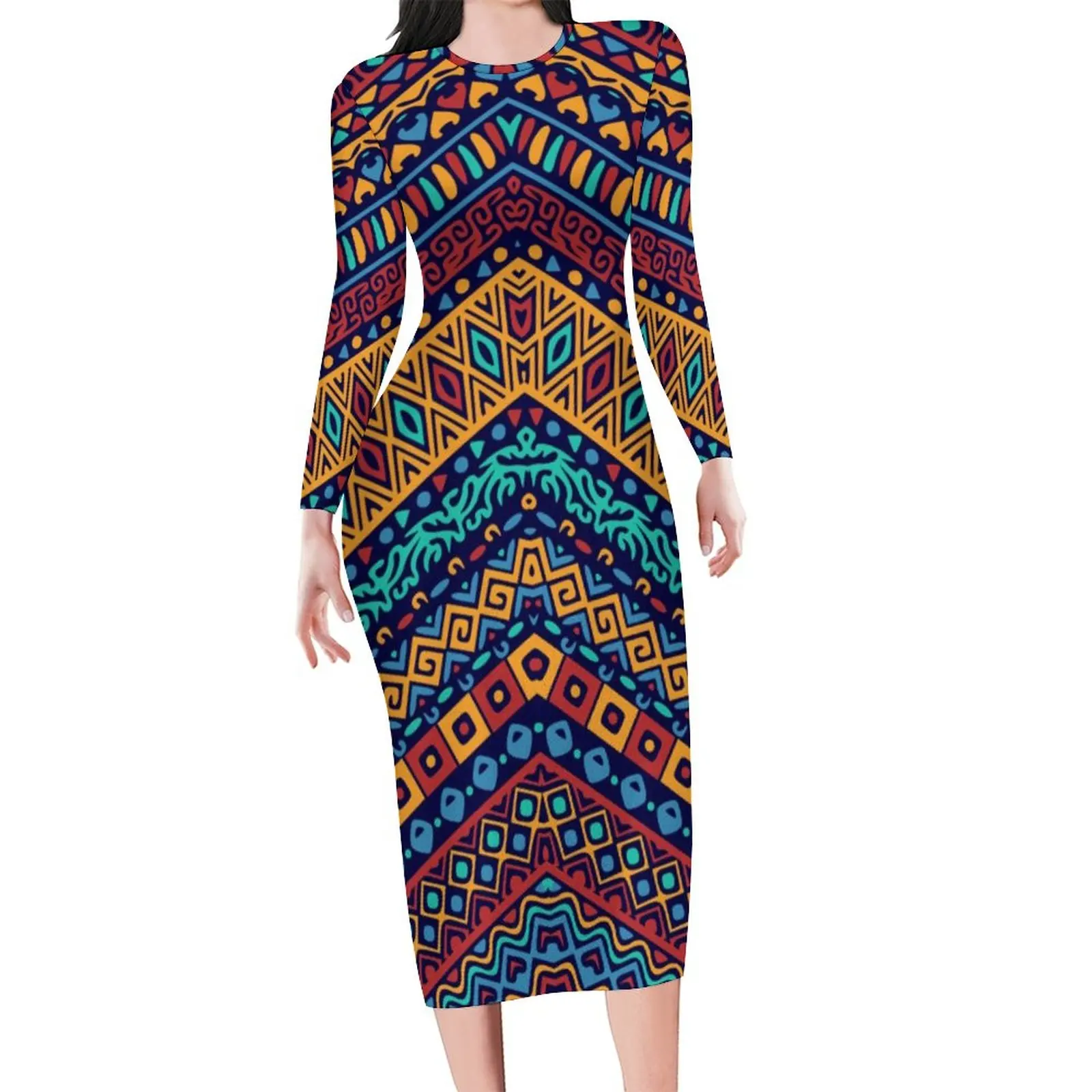 

African Tribal Dress Women Vintage Print Street Wear Bodycon Dress Summer Long Sleeve Elegant Dresses Printed Oversize Vestido