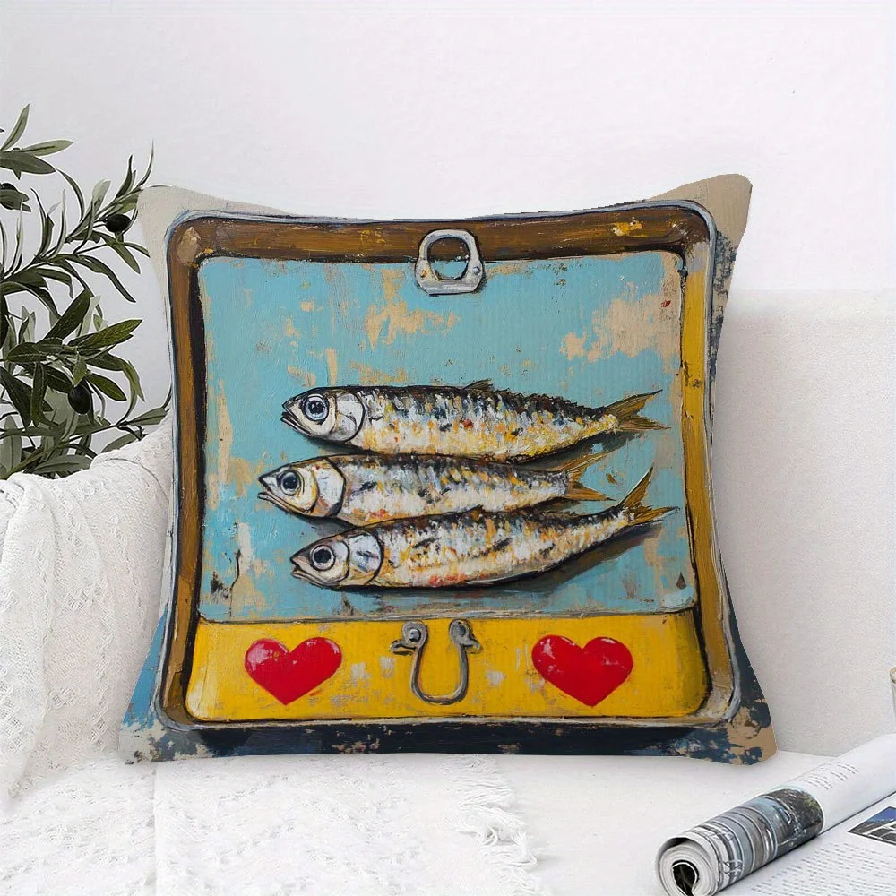 Vintage Sardines in Can Pillow Cover Painted Fish Art Rustic Tin Design 18x18 Inch Square Decor  pillow case
