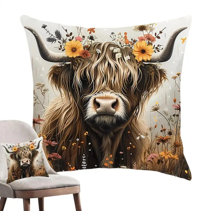 Highland Cow Decorations Cushion Cover Highland Cow Pillow Cushion Covers Creative Animal Highland Cow Pattern Pillow Cover For