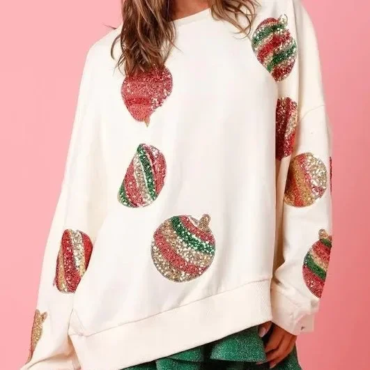 Sequin Sweatshirts Tops Women T Shirts Round Neck Hoodies Print Full Sleeve Casual Loose Top Autumn Y2k Streetwear Tracksuit