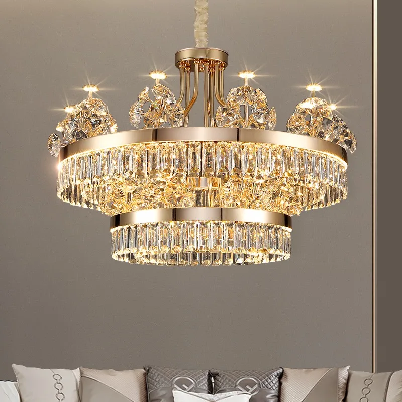 Postmodern Light Luxury Double-Layer Crystal Chandelier Villa Building Duplex Building Home Atmosphere Living Room Pendant Light