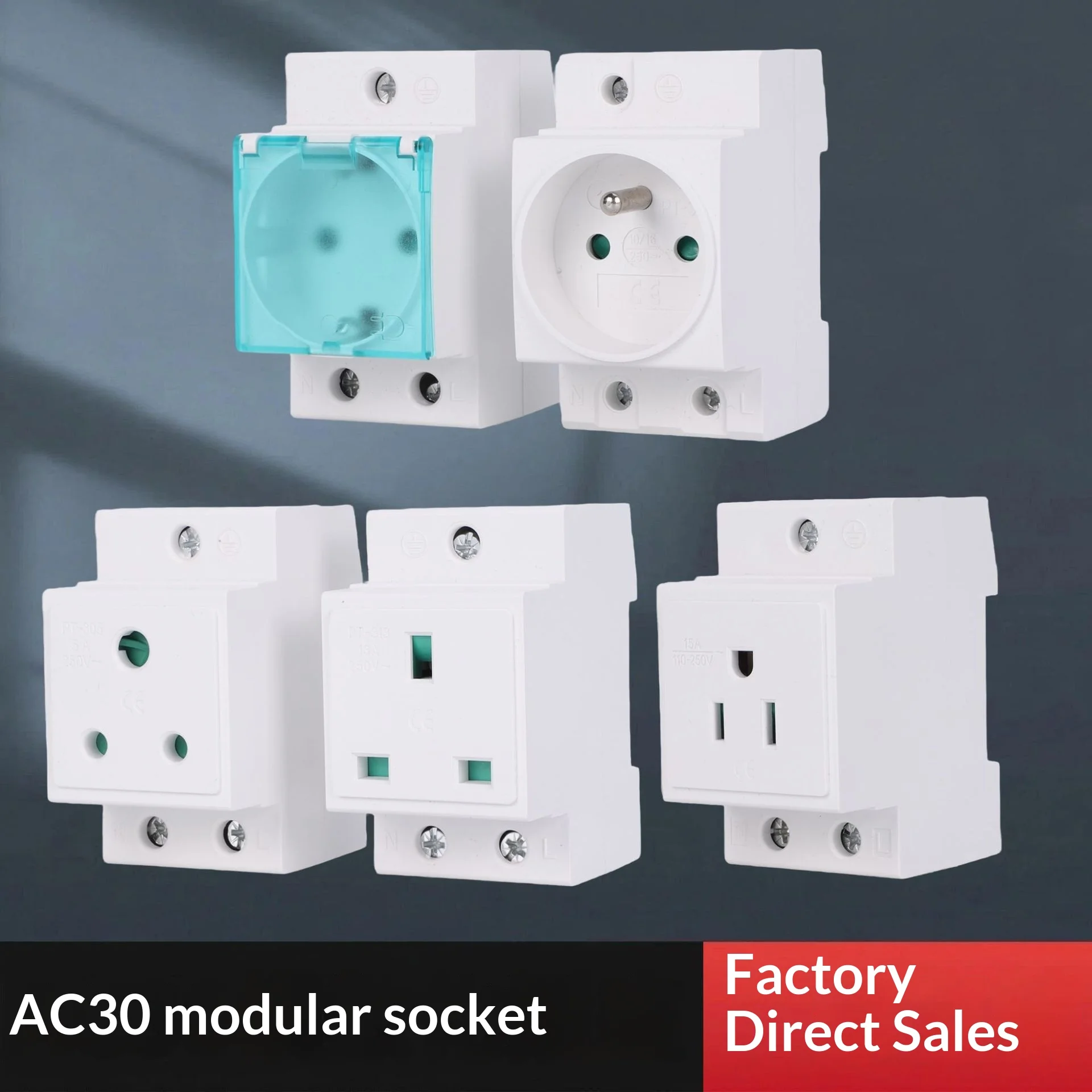 AC30 DIN Rail Modular Socket, Multi Standard: EU US UK FR DE Large South Africa, 5A/13A/15A/16A