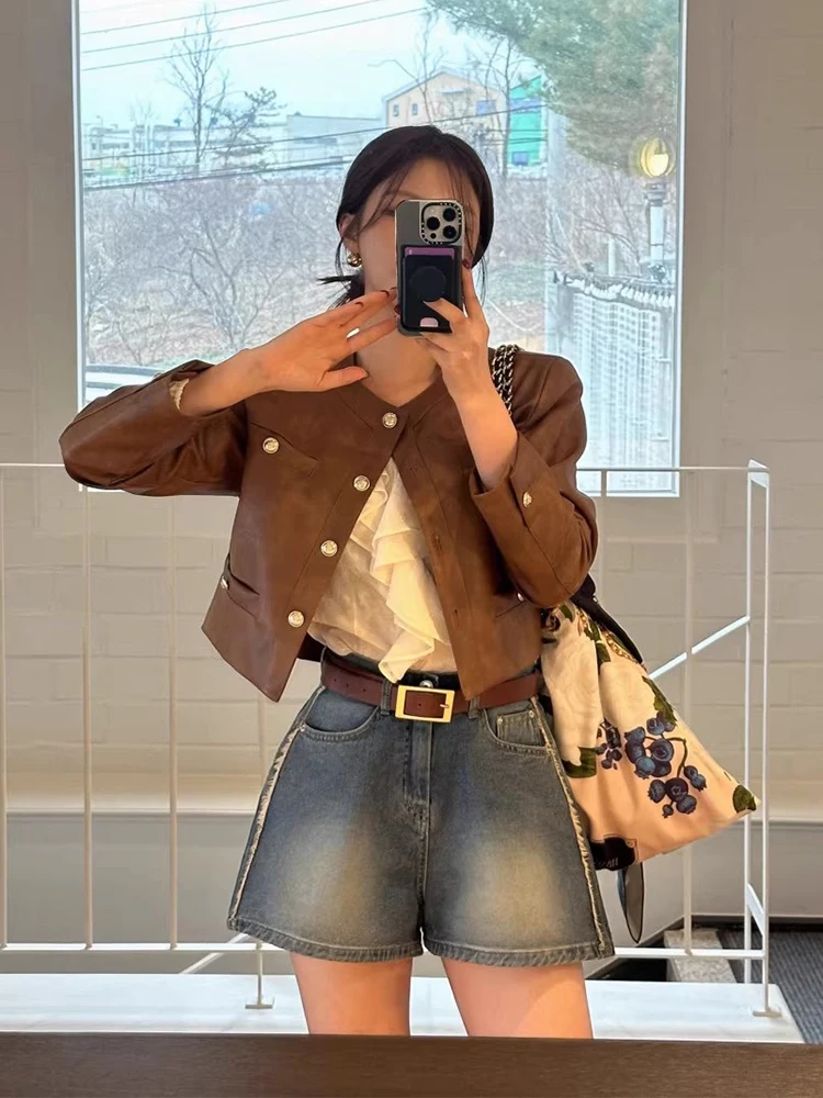 Chaqueta de motocicta estilo BF hoada con cuello redondo retro y doble bolsillo, de cuero PU para mujer, e, noved...