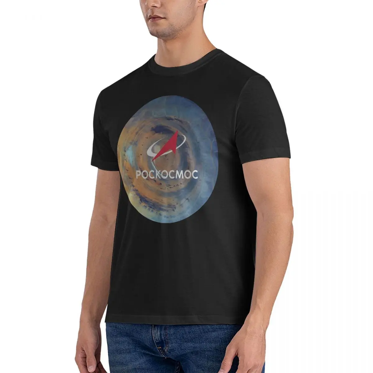 Russian Space Agency Cyrillic T-Shirts for Men ROSCOSMOS Vintage Pure Cotton Tee Shirt Round Collar Short Sleeve T Shirts