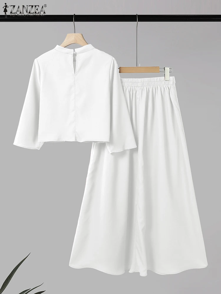 Conjuntos de faldas largas elegantes para mujer, blusa de manga 3/4, faldas plisadas ZANZEA 2025, conjuntos informales a juego, trajes con cuello levantado de verano