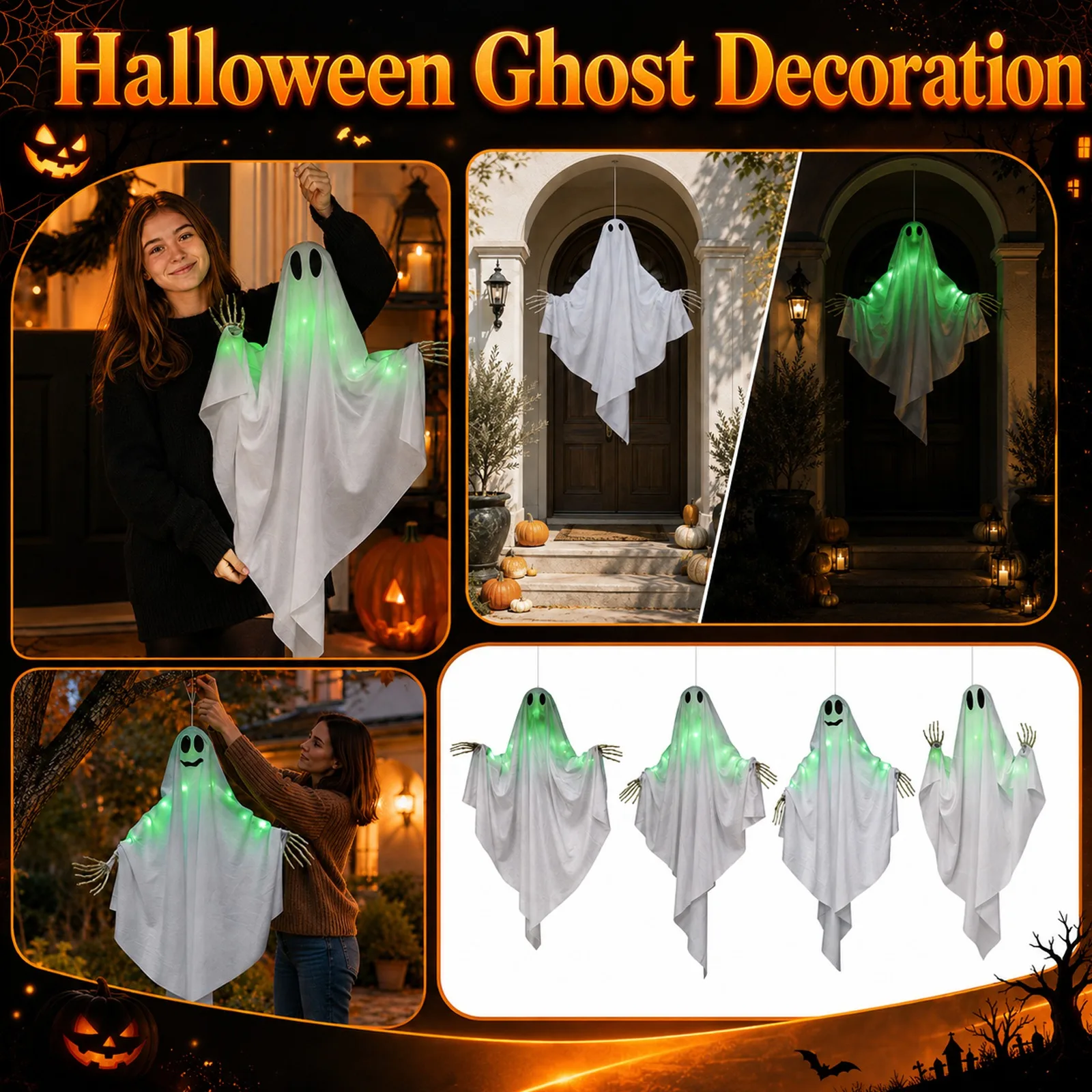 4 Pcs Halloween Hanging Ghosts Decoration with Green Light and Moving Arms & Multi-Expression for Yard and Haunted House Decor