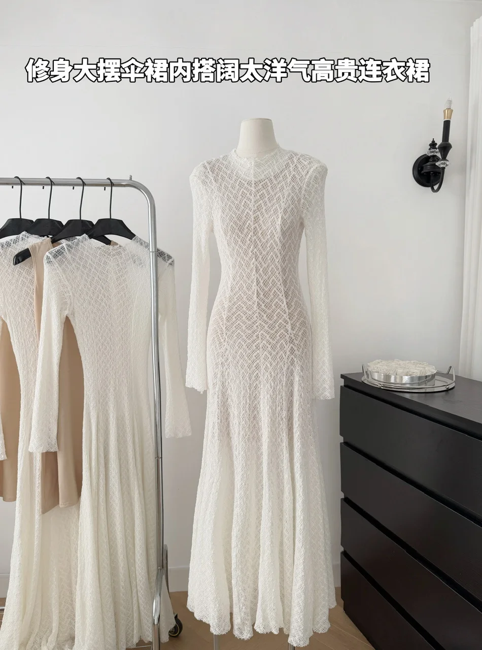 

Vintage White Lace Dress High Quality Jersey Long Sleeve Women Evening Dress Temperament Crew neck Celebrity Ball Gowns C170