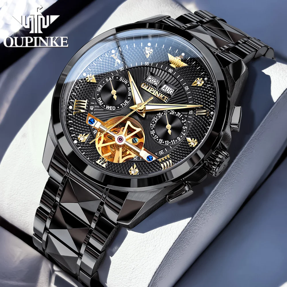 ساعات رجالية من OUPINKE من أفضل العلامات التجارية الفاخرة من الفولاذ التنغستن الأصلي ساعة ميكانيكية أوتوماتيكية للرجال حركة دولاب الموازنة مقاومة للماء #1