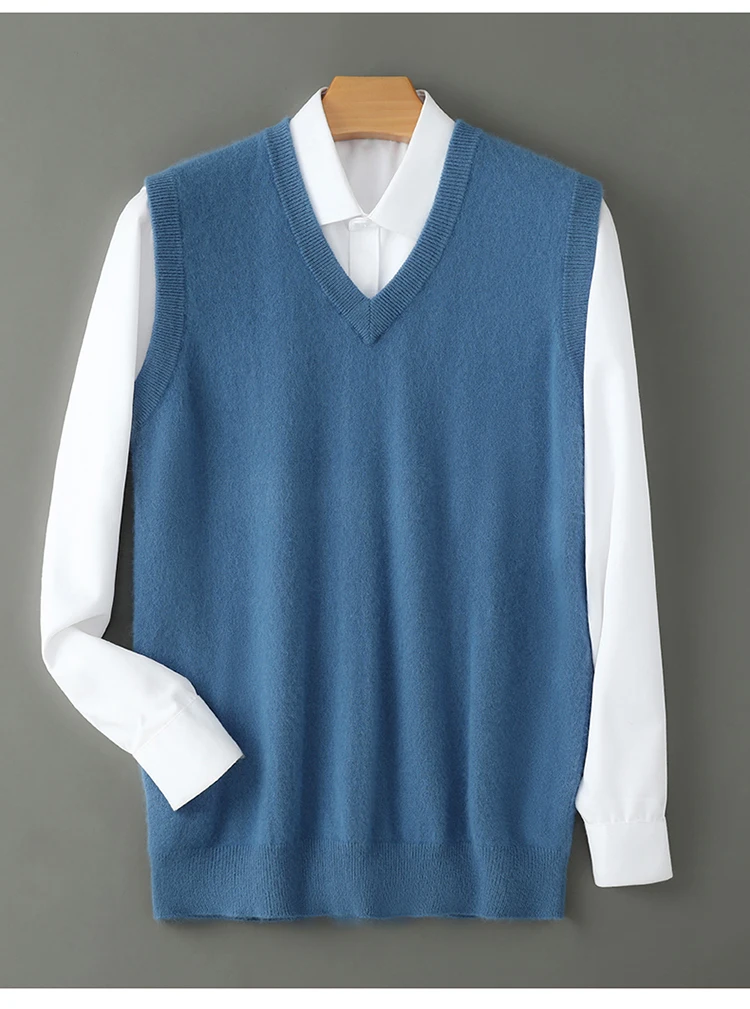 

Autumn and winter new thickened 100% pure mink casual vest men's v collar wool vest versatile knitted sleeveless vest