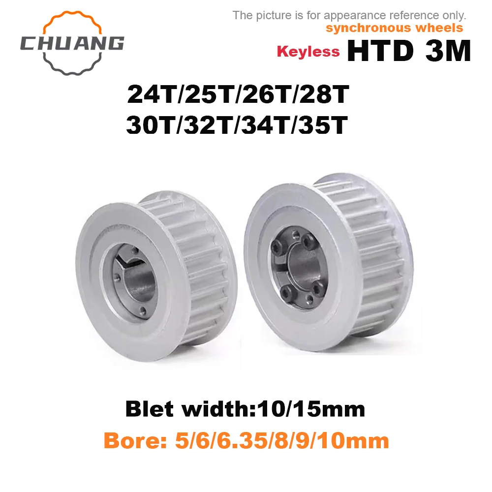 HTD 3M 24T/25T/26T/28T/30T/32T/34T/35Teeth Timing Pulley Keyless Bushing Bore 5/6/6.35/8/9/10mm for Belt Width 10/15mm