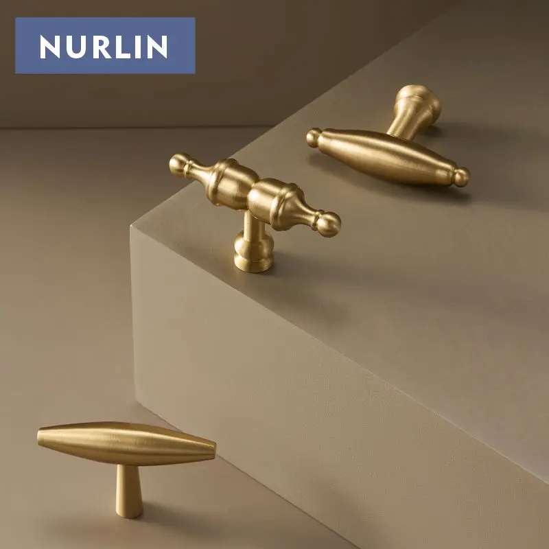 NURLIN Solid Brass T-bar Cabinets Doors Drawers Furniture Pastoral American European French Style Matte Gold Handle