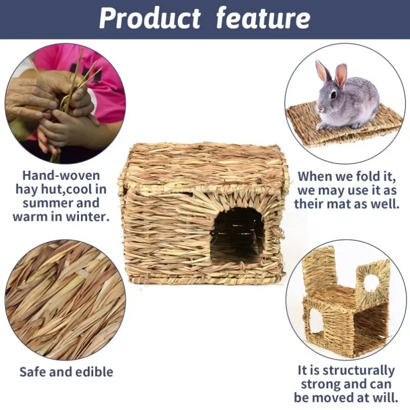 Grass House Rabbit Foldable Woven Rabbit Cages Hamster Guinea Pig Grass Chew Toy Mat House Bed Nests Small-scale Pet Accessories view 2