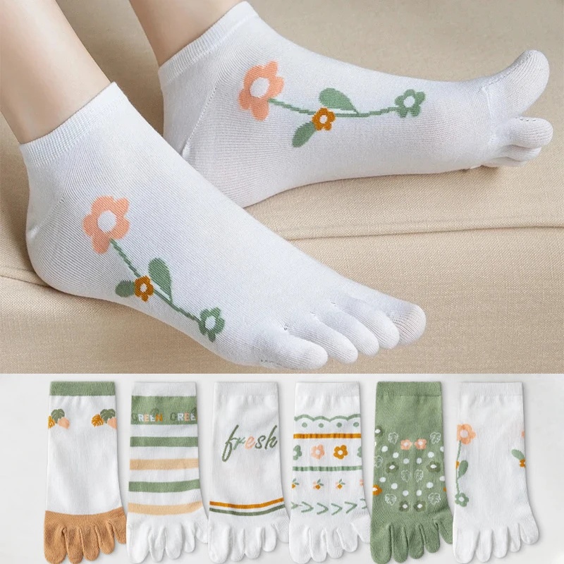 6 Pairs/lot Kawaii Cute Five Finger Socks Women Summer Thin Ankle Socks with Separate Fingers Cotton Floral Green Toe Socks