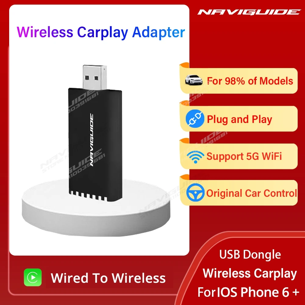 

NAVIGUIDE Wired To Wireless CarPlay USB For Toyota Mazda Nissan Suzuki Subaru Audi Mercedes Kia Plug And Play CarPlay Adapter