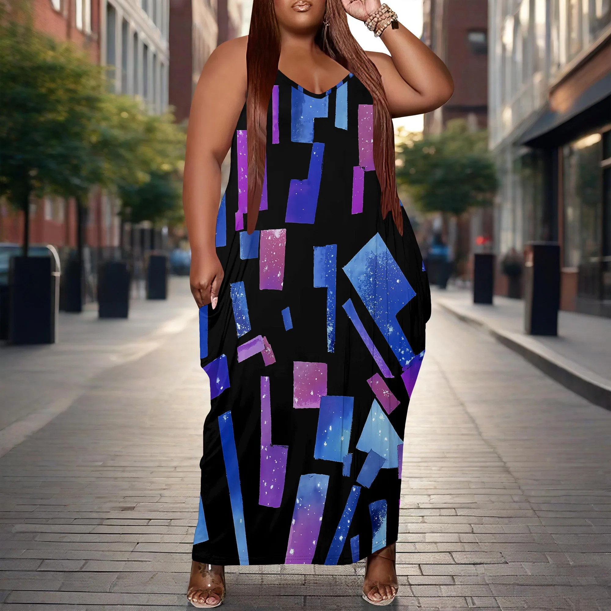 

Plus Size Geometric Print Spaghetti Strap Maxi Dress XL-6XL Loose Fit Summer Beach Vacation Outfit