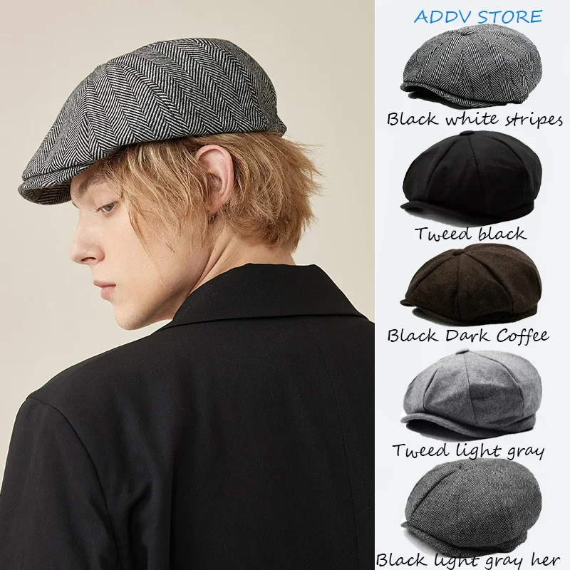 

Vintage Men's Beret Hat Herringbone Tweed Newsboy Flat Cap Boinas Para Mujer Wool Blend Beret Hat 21 Styles