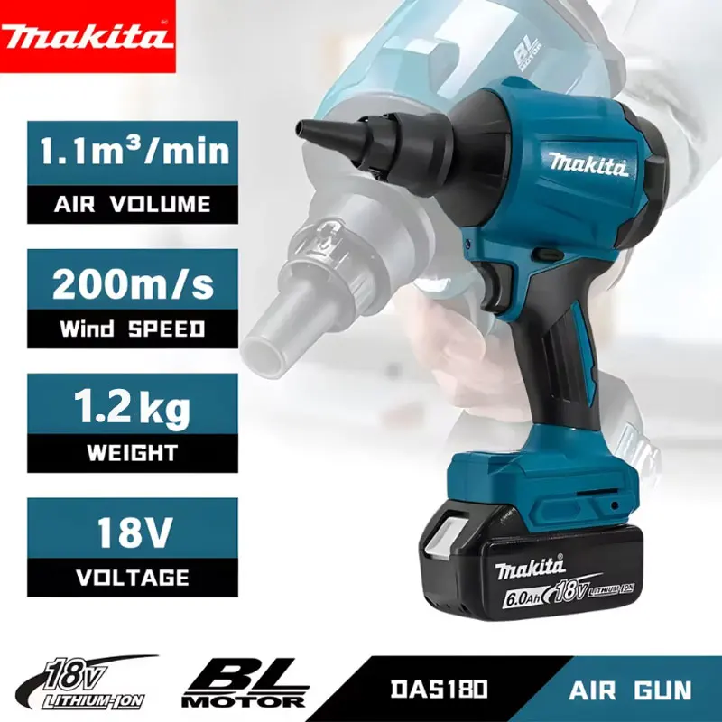 Utensile elettrico a batteria Makita, pistola ad aria compressa ad alta potenza Makita 18V DAS180 per la rimozione della polvere, ideale per soffiare la polvere in spazi ristretti 【Spedizione dal