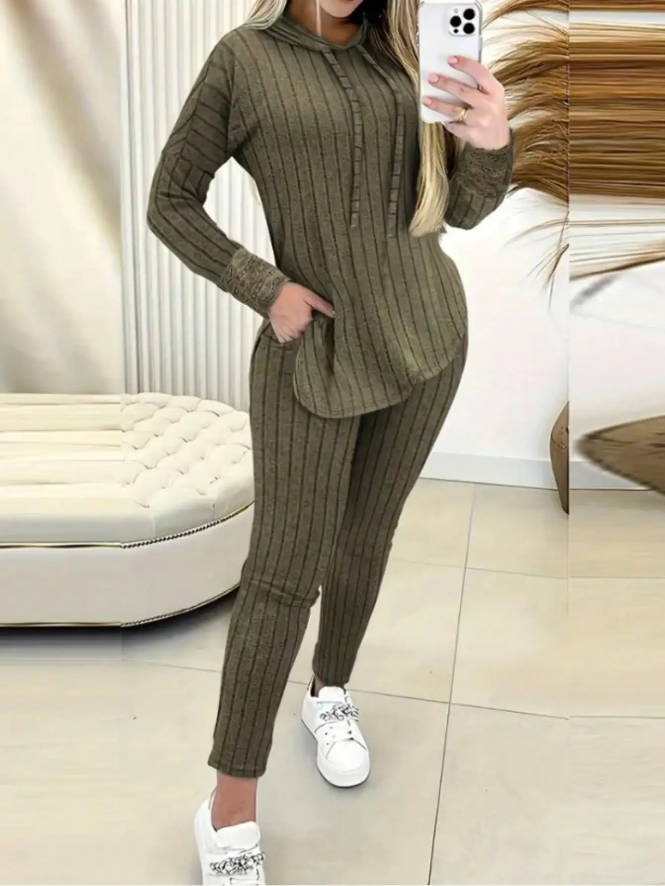 

Женский комплект из худи и брюк в рубчик, повседневная осенняя домашняя одежда, оливково-зеленый комплект из двух предметов