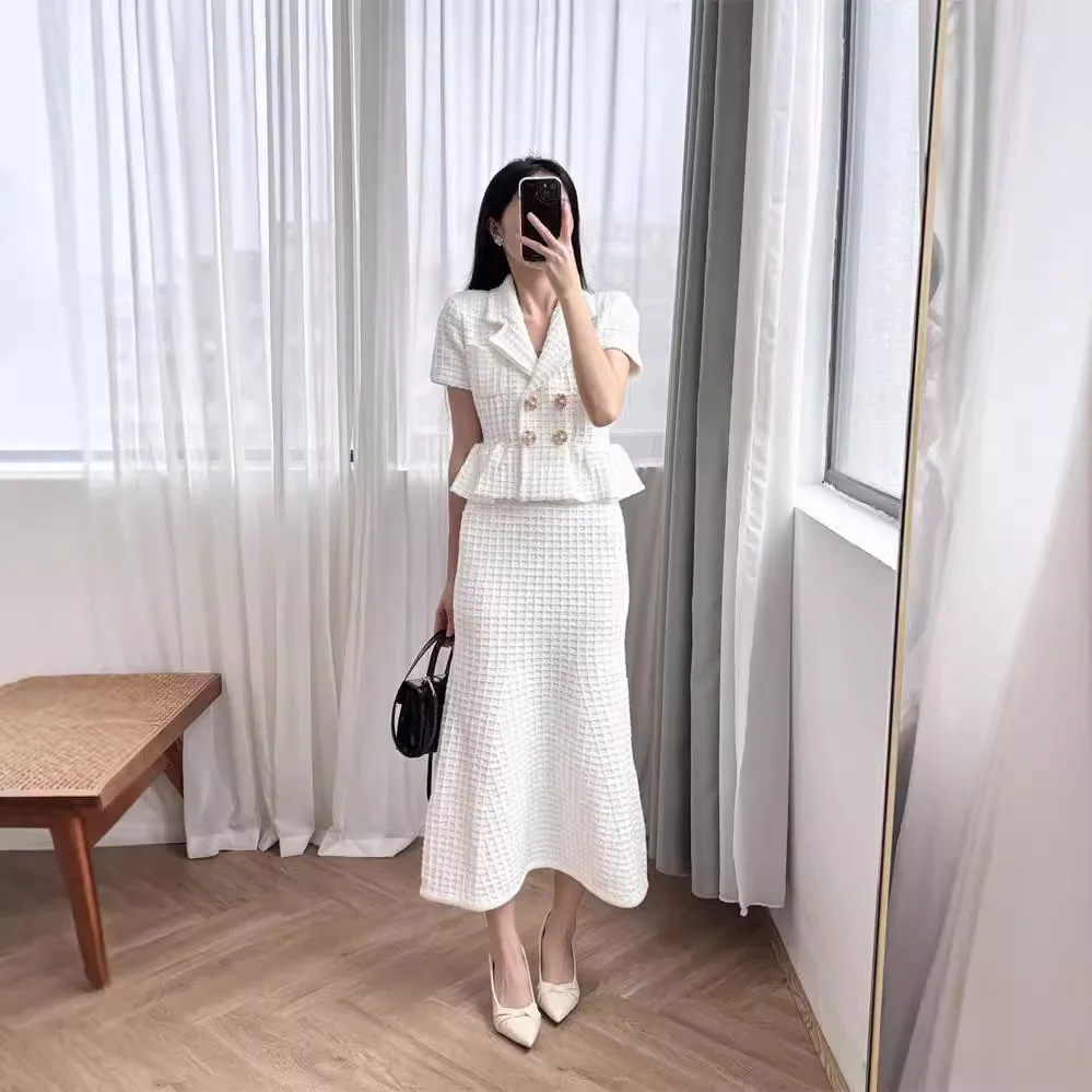 Quality Summer Autumn Knitted Tweed Midi Long Dress Women Short Sleeve Diamonds Button Notched Suit Coat Blazer Dresses