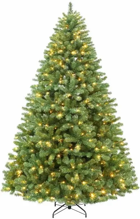 9 ft Prelit Christmas Tree, Artificial Christmas with 600 Warm White Lights, 2100 Branch Tips, Metal Stand and Hinged Branches