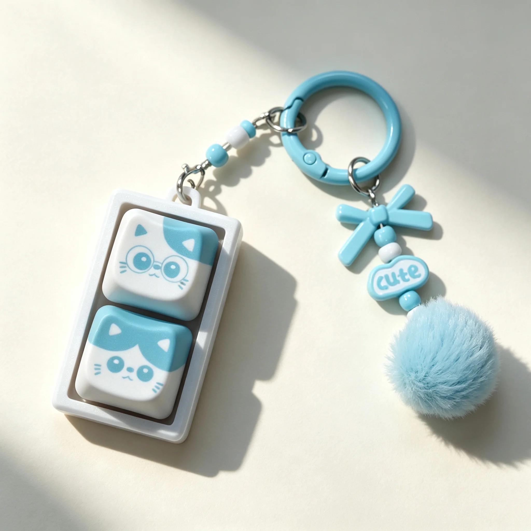 Pressable Cat Fidget Keyboard Keychain Blue Switch Cute Cat Head Stress Relief Button 2 Keys Lovely Creative Bag Decoration