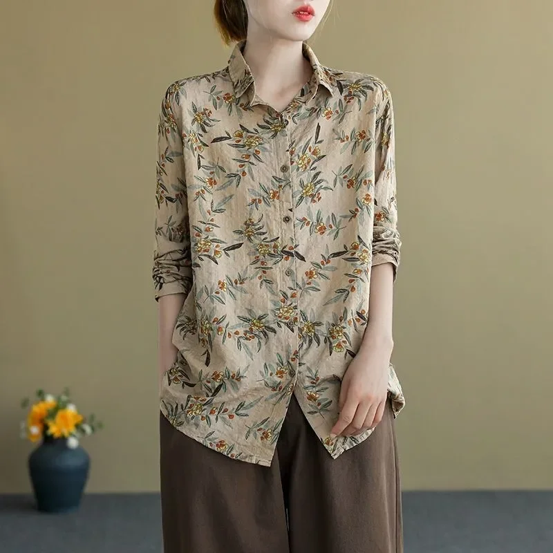 Women Plant Floral Print Linen Shirt Turn Down Collar Long Sleeve Loose Casual Blouse With Pockets