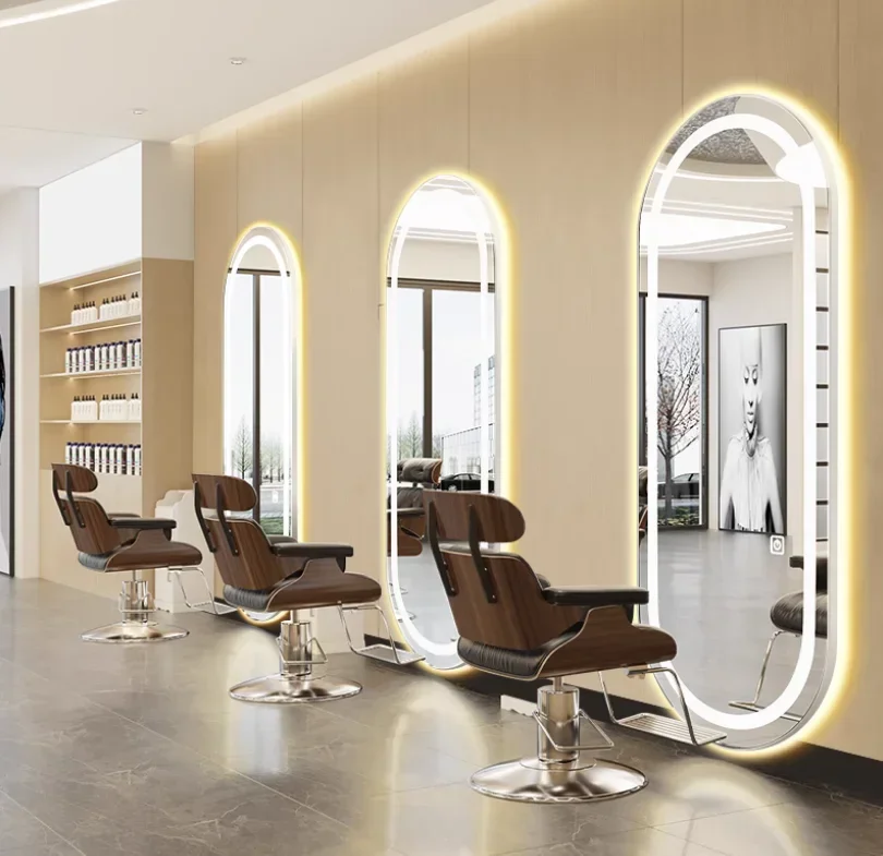 مرآة صالون الشعر ذات مصدر ضوء مزدوج، مرآة واقفة على الأرض، مرآة لقص الشعر #4