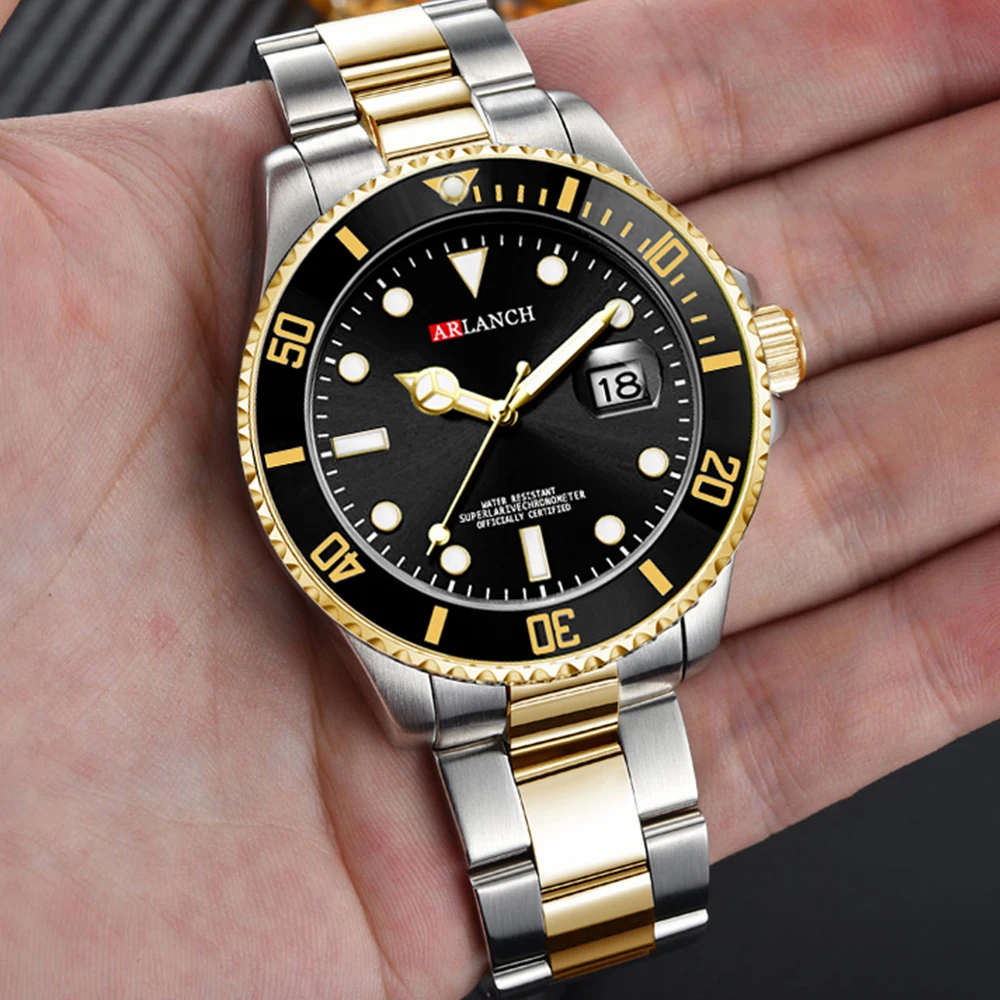 ساعة كوارتز رجالية كلاسيكية بحزام من الفولاذ المقاوم للصدأ نمط عمل غير رسمي 40 ملم قرص ذهبي أسود 3Bar سلسلة مقاومة للماء ساعات reloj