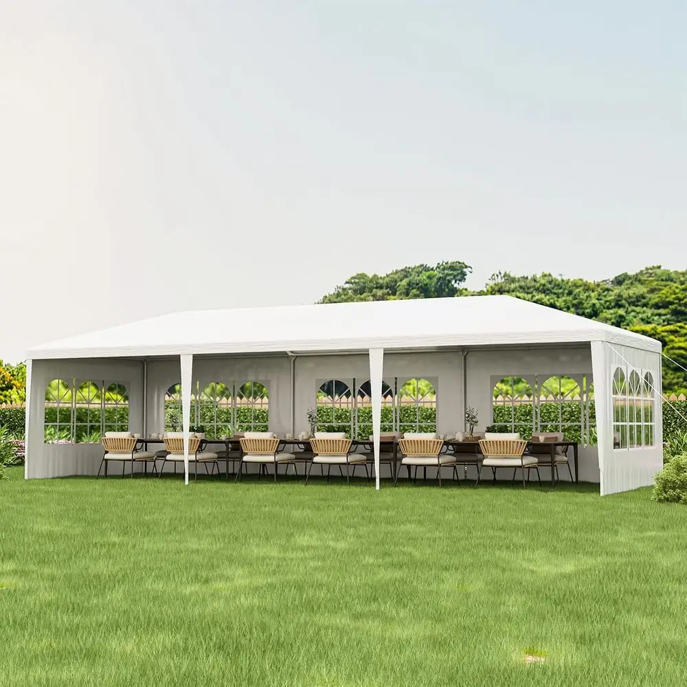 

Large 10x30 White Heavy-Duty Party Tent with 6 Sidewalls, 2 Doors, Stakes, and Ropes for Outdoor Events
