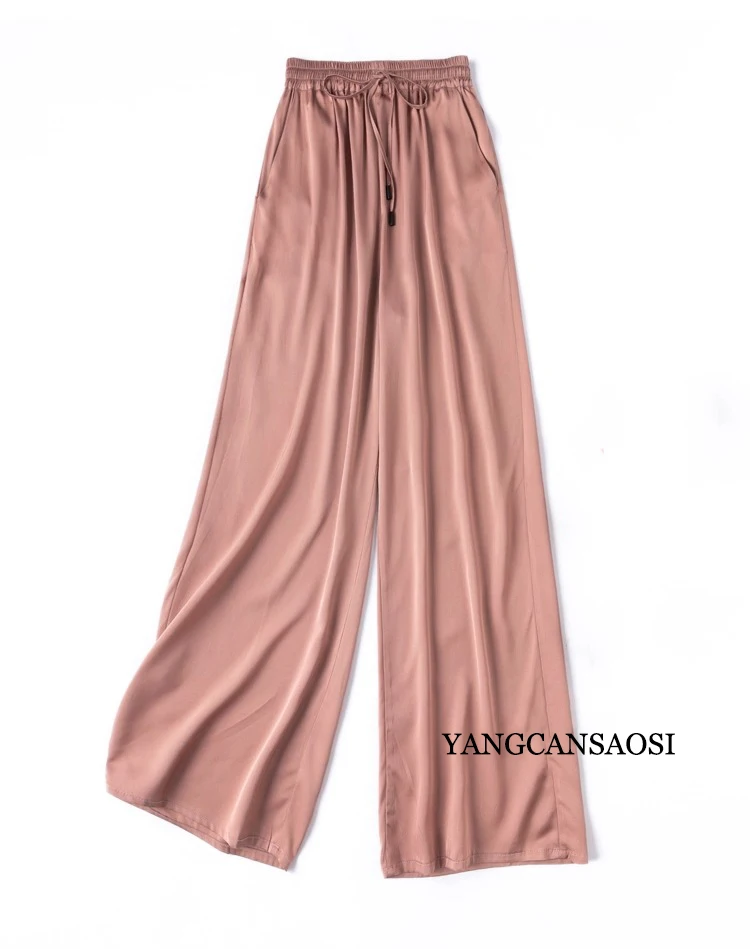 Vertical Naked Feeling 93% Natural Mulberry Silk Elastic Double Qiao Satin Elastic Waist Women's Fashionable Wide Leg Pants